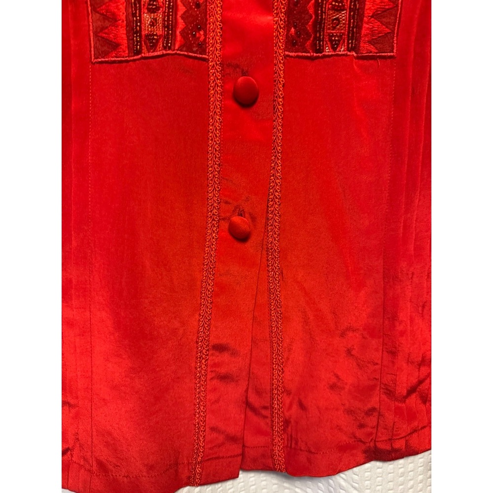 VTG 1980-90s Erez SZ 2 (Small) 100% Silk Red Heavy Embellished Blouse Detail NWT - Picture 5 of 16
